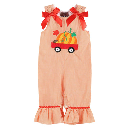 Orange Gingham Pumpkin Bow-Accent Overalls