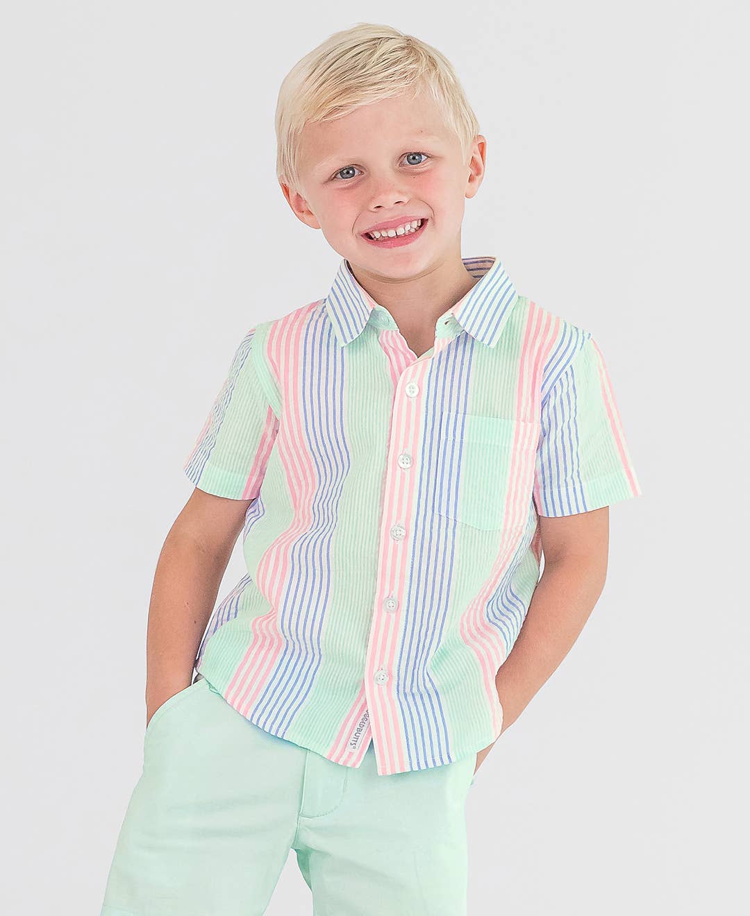 Boys Multi-Color Seersucker Short Sleeve Button Down Shirt