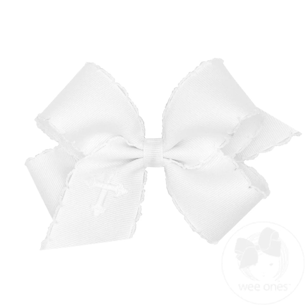 Medium White Grosgrain Hair Bow with Moonstitch Edge and Cross Embroidery on Tail