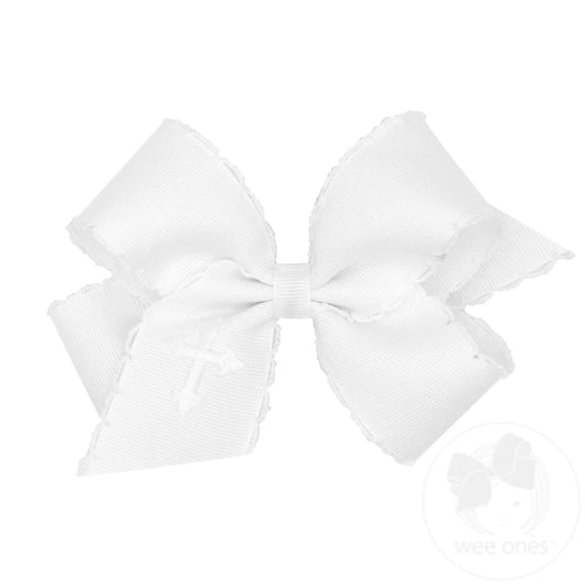 Medium White Grosgrain Hair Bow with Moonstitch Edge and Cross Embroidery on Tail