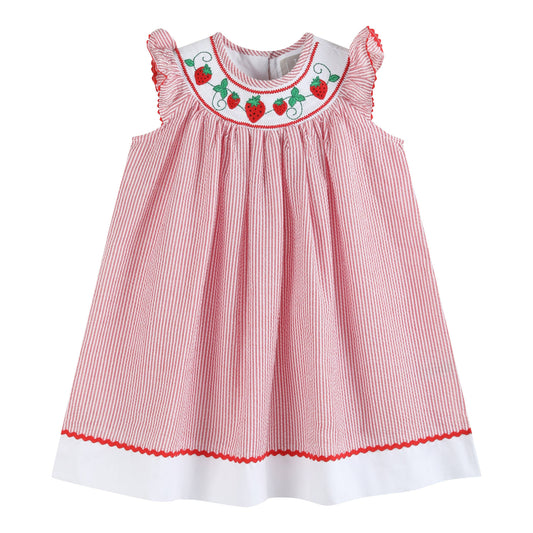 Red Seersucker Strawberry Smocked Bishop Dress