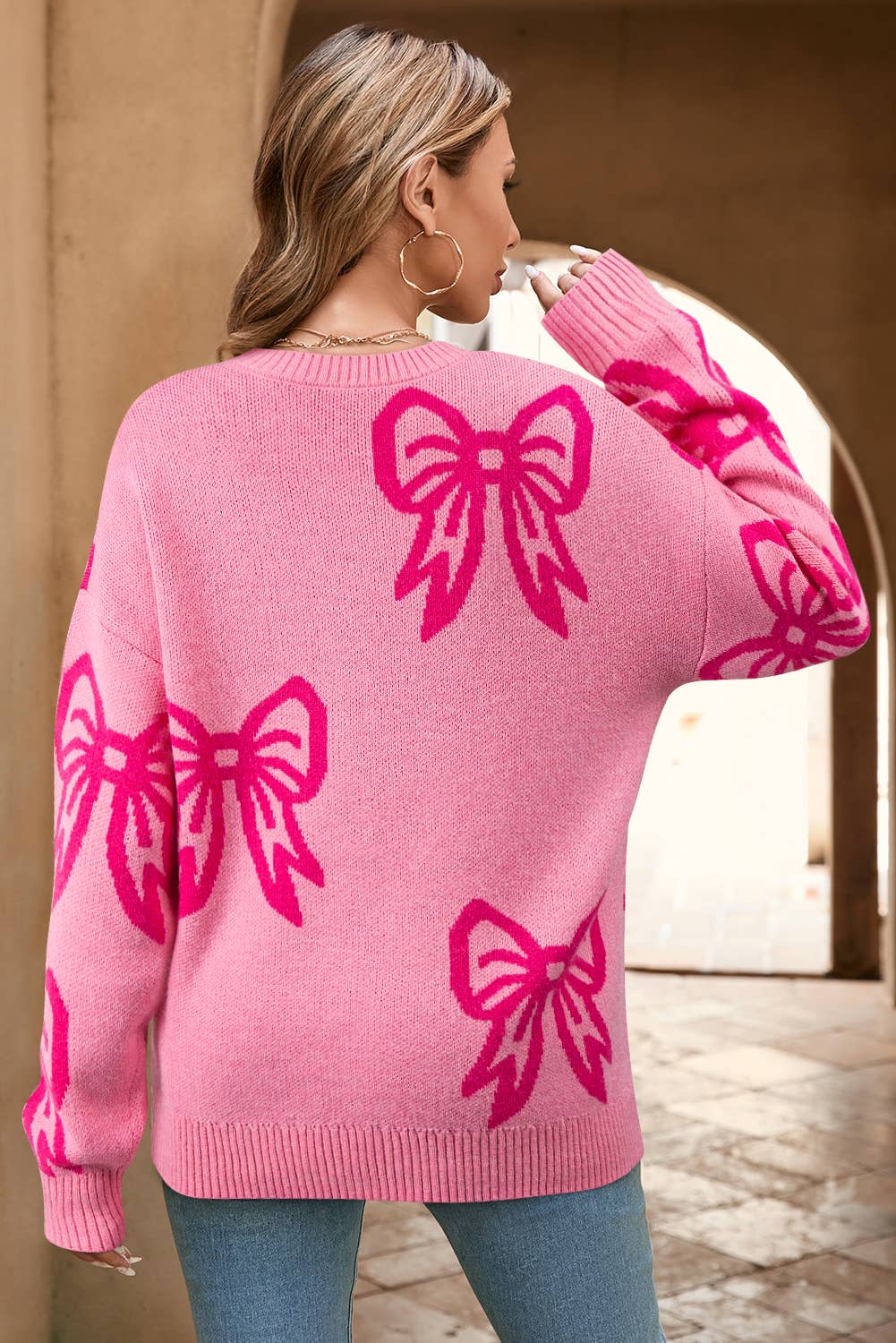 Bow Pattern Drop Sleeve Loose Sweater