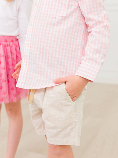 Boys Pink Gingham Check Long Sleeve Button Down