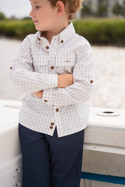 Flagler Boys Fishing Shirt - White/Khaki Plaid