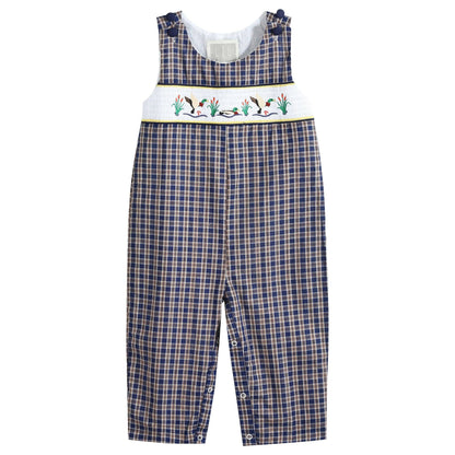 Blue Plaid Mallard Smocked Overalls