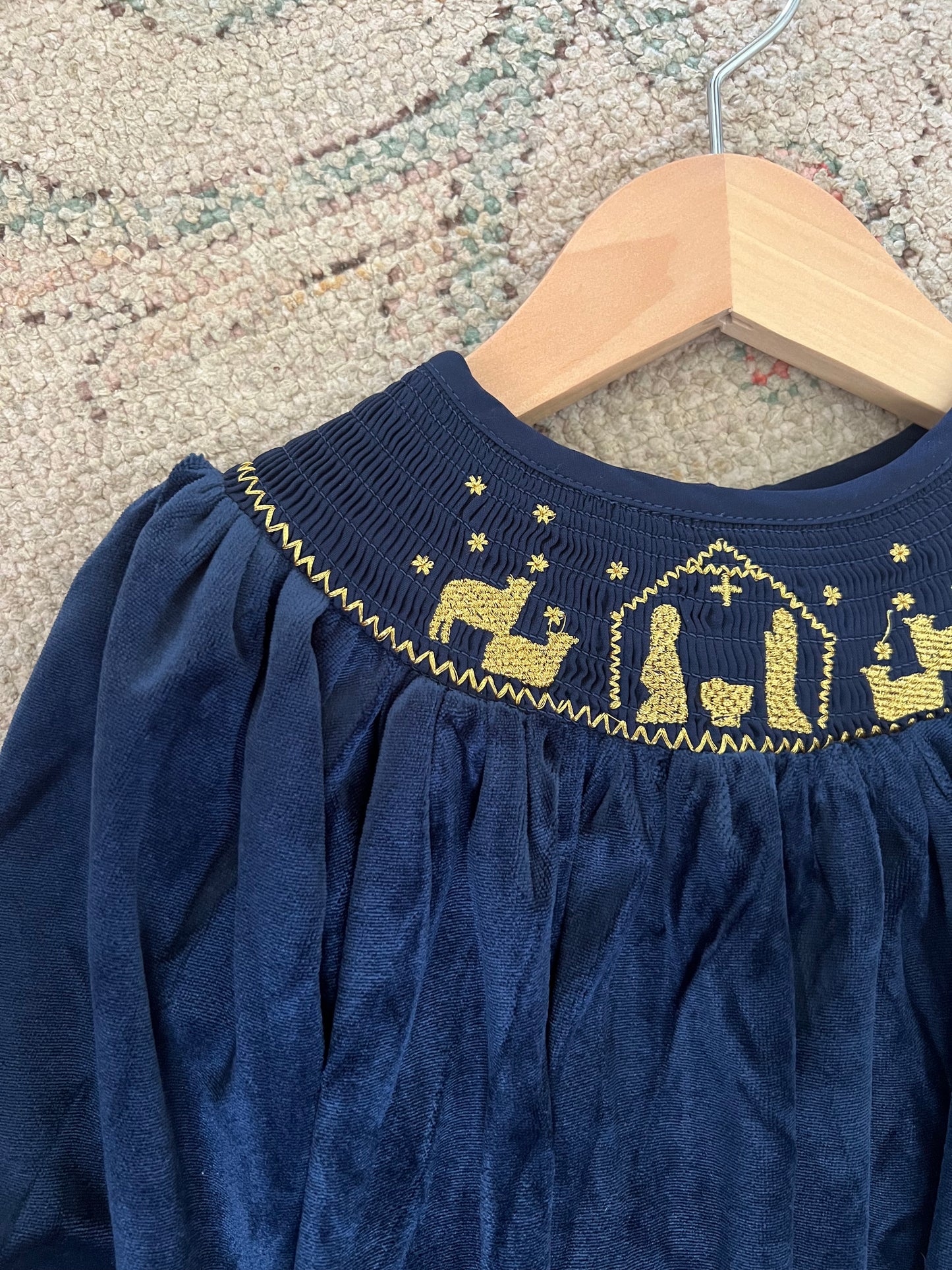 Navy Blue Velvet Gold Nativity Smocked Bishop Dress