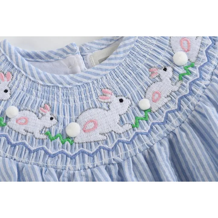 Blue Seersucker Easter Bunny Smocked Flutter Romper