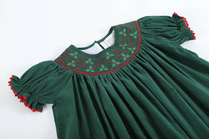 Green Christmas Mistletoe Smocked Bishop Dress