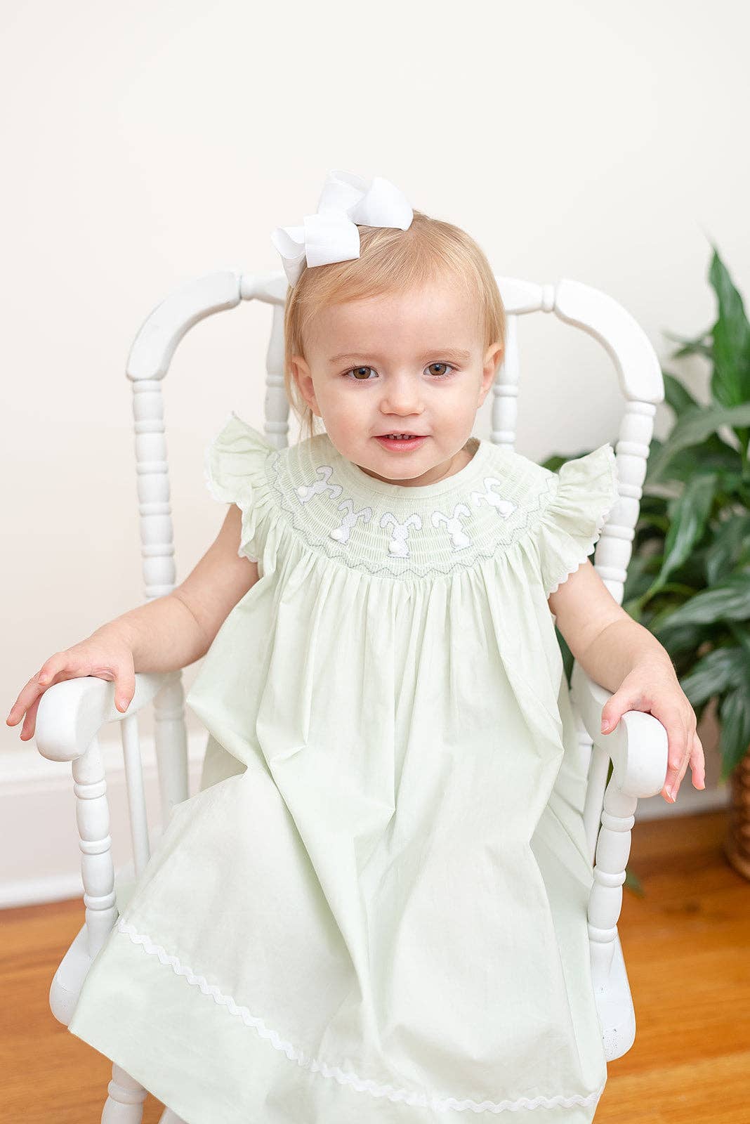 Honeydew Green Bunny Smocked Bishop Dress