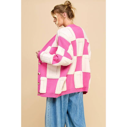 Square Chess Chunky Knit Cardigan: Hot pink