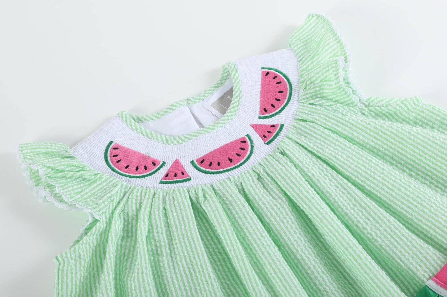 Green Seersucker Watermelon Smocked Bishop Dress