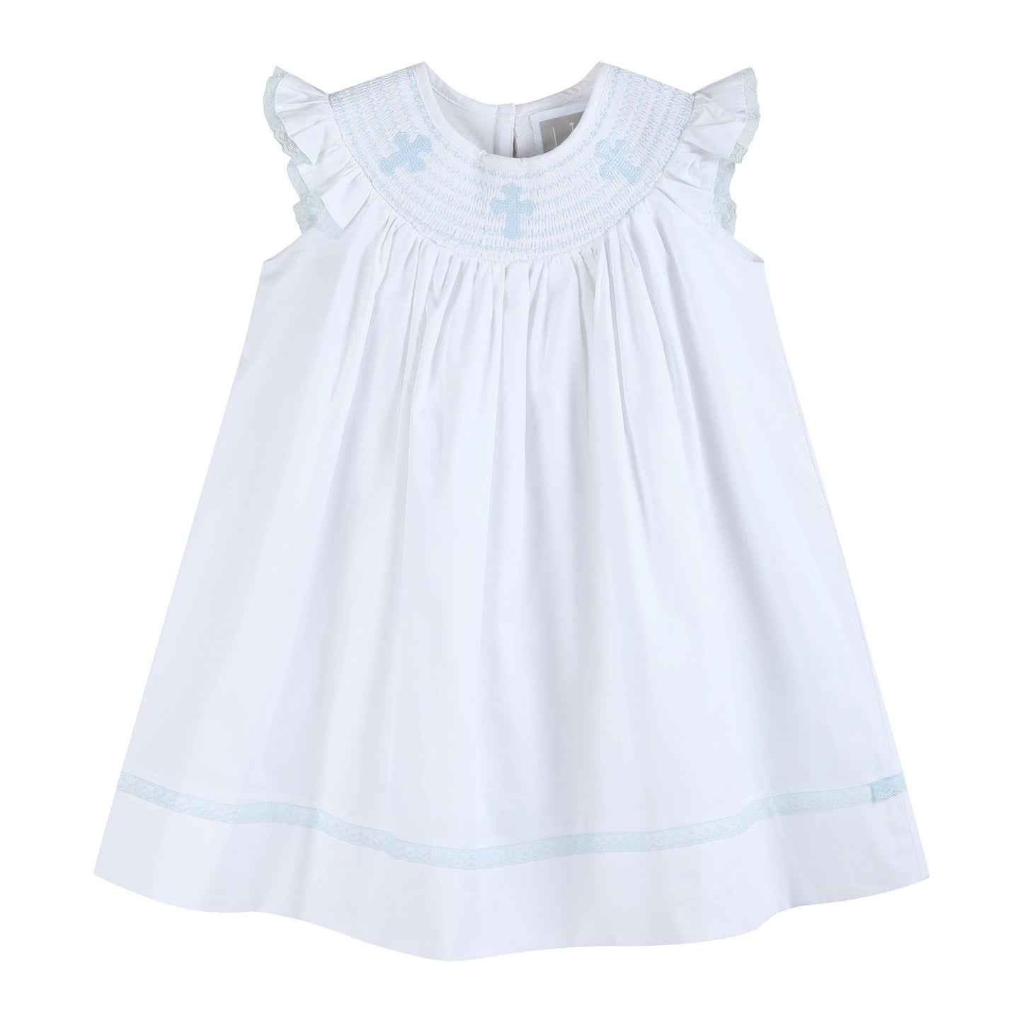 White and Blue Holy Crosses Smocked Bishop Dress