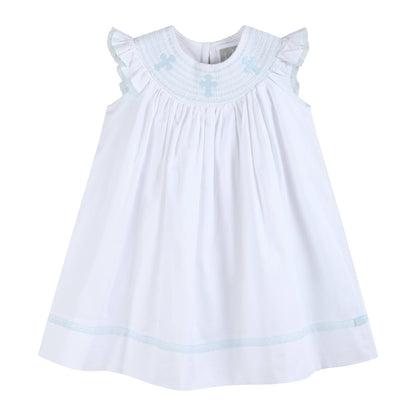 White and Blue Holy Crosses Smocked Bishop Dress