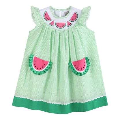 Green Seersucker Watermelon Smocked Bishop Dress