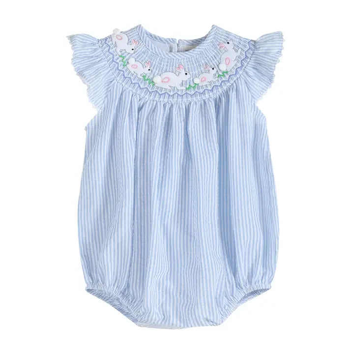 Blue Seersucker Easter Bunny Smocked Flutter Romper