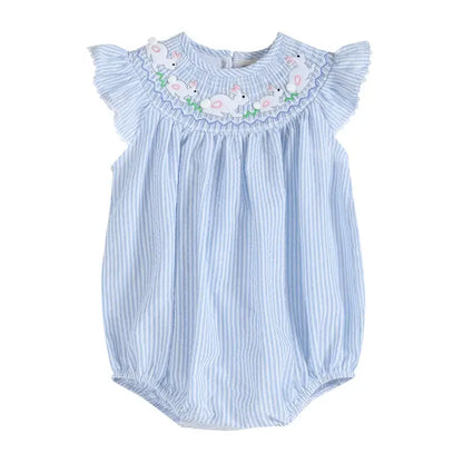 Blue Seersucker Easter Bunny Smocked Flutter Romper