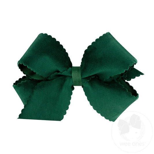 Medium Grosgrain Hair Bow with Scalloped Edge Faux Velvet Overlay - Forest Green