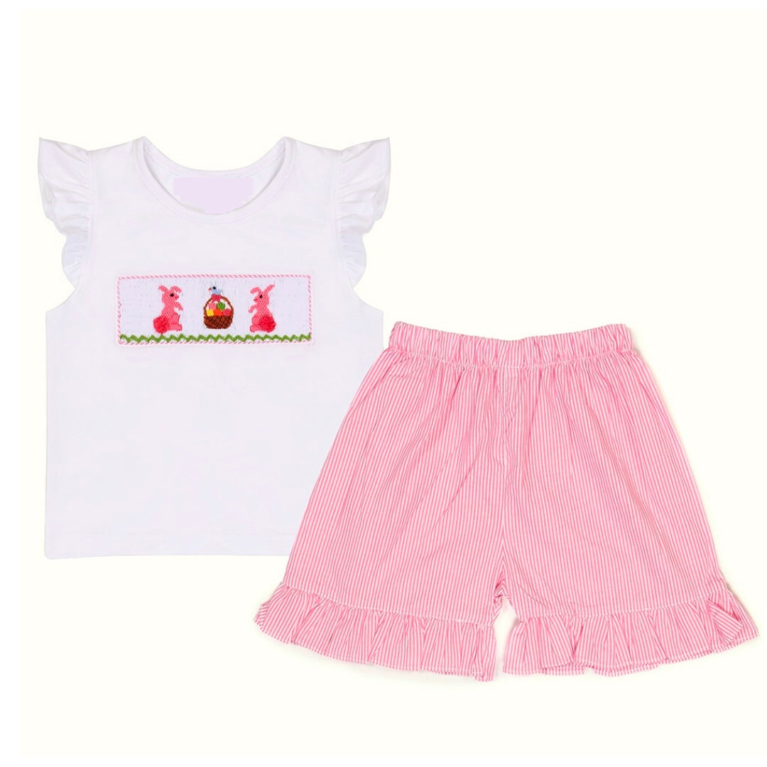 Pink Bunny Smocked Shorts Set