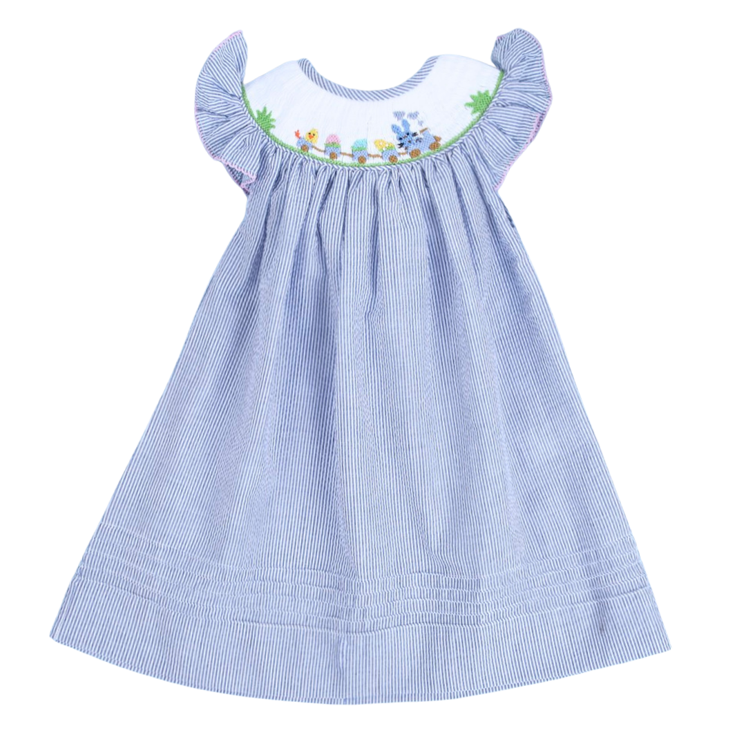 Blue Seersucker Bunny Handsmocked Dress