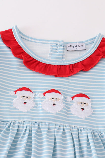 Blue stripe christmas santa  embroidery girl set