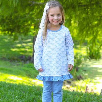 Blue Trellis Bow Ruffle Pants Set