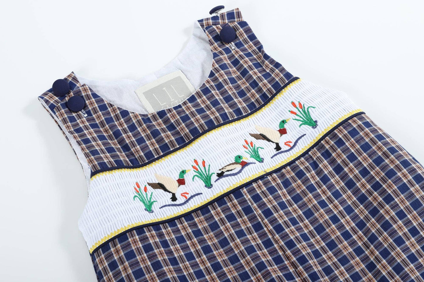 Blue Plaid Mallard Smocked Overalls