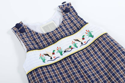 Blue Plaid Mallard Smocked Overalls