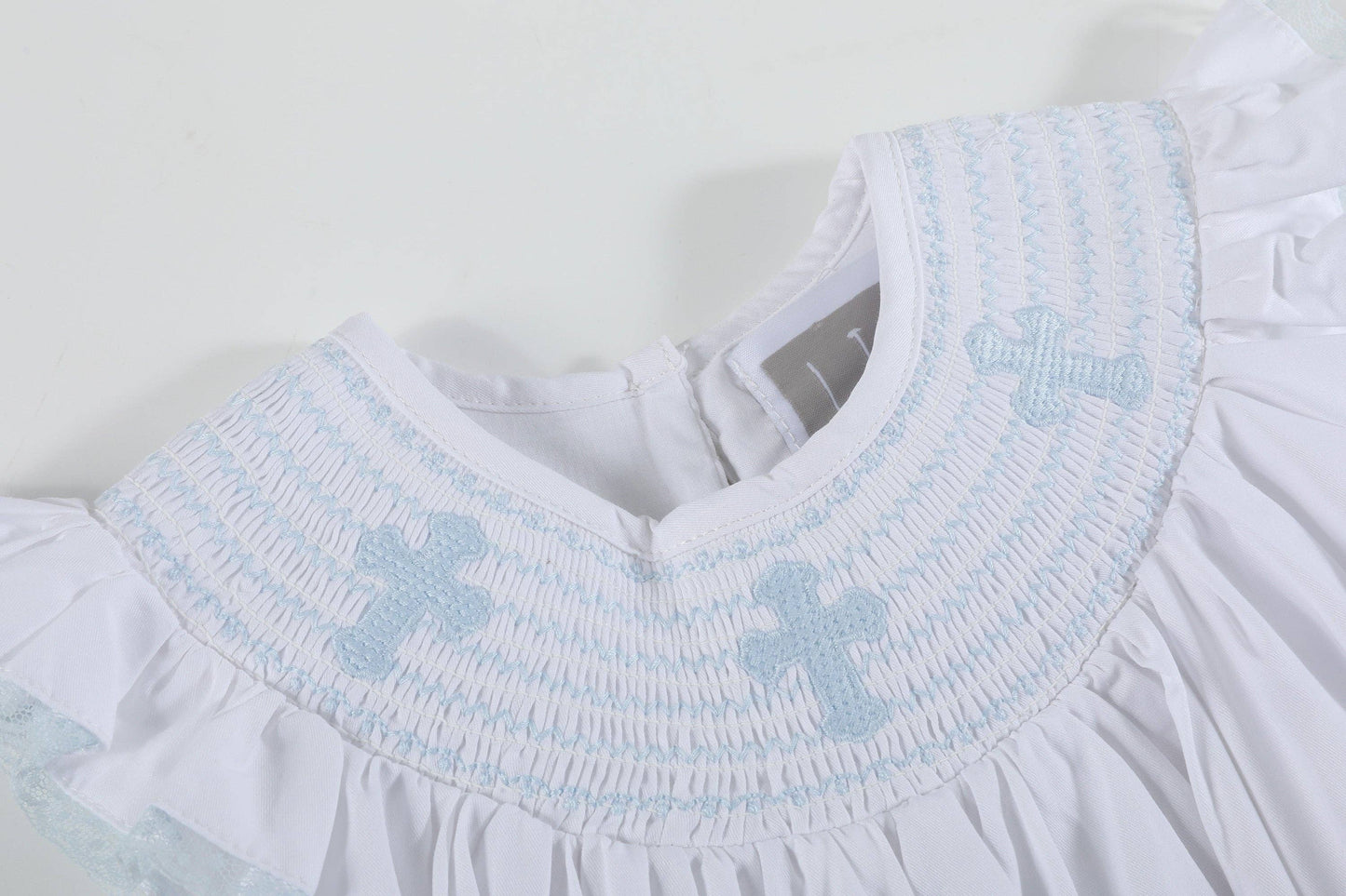 White and Blue Holy Crosses Smocked Bishop Dress