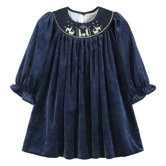 Navy Blue Velvet Gold Nativity Smocked Bishop Dress