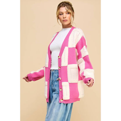 Square Chess Chunky Knit Cardigan: Hot pink