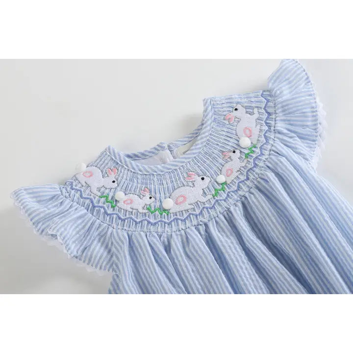 Blue Seersucker Easter Bunny Smocked Flutter Romper