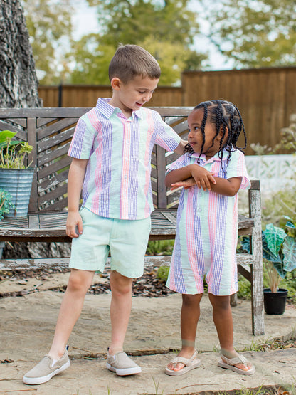 Boys Multi-Color Seersucker Short Sleeve Button Down Shirt