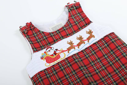 Red Christmas Plaid Santa Sleigh Smocked Overalls