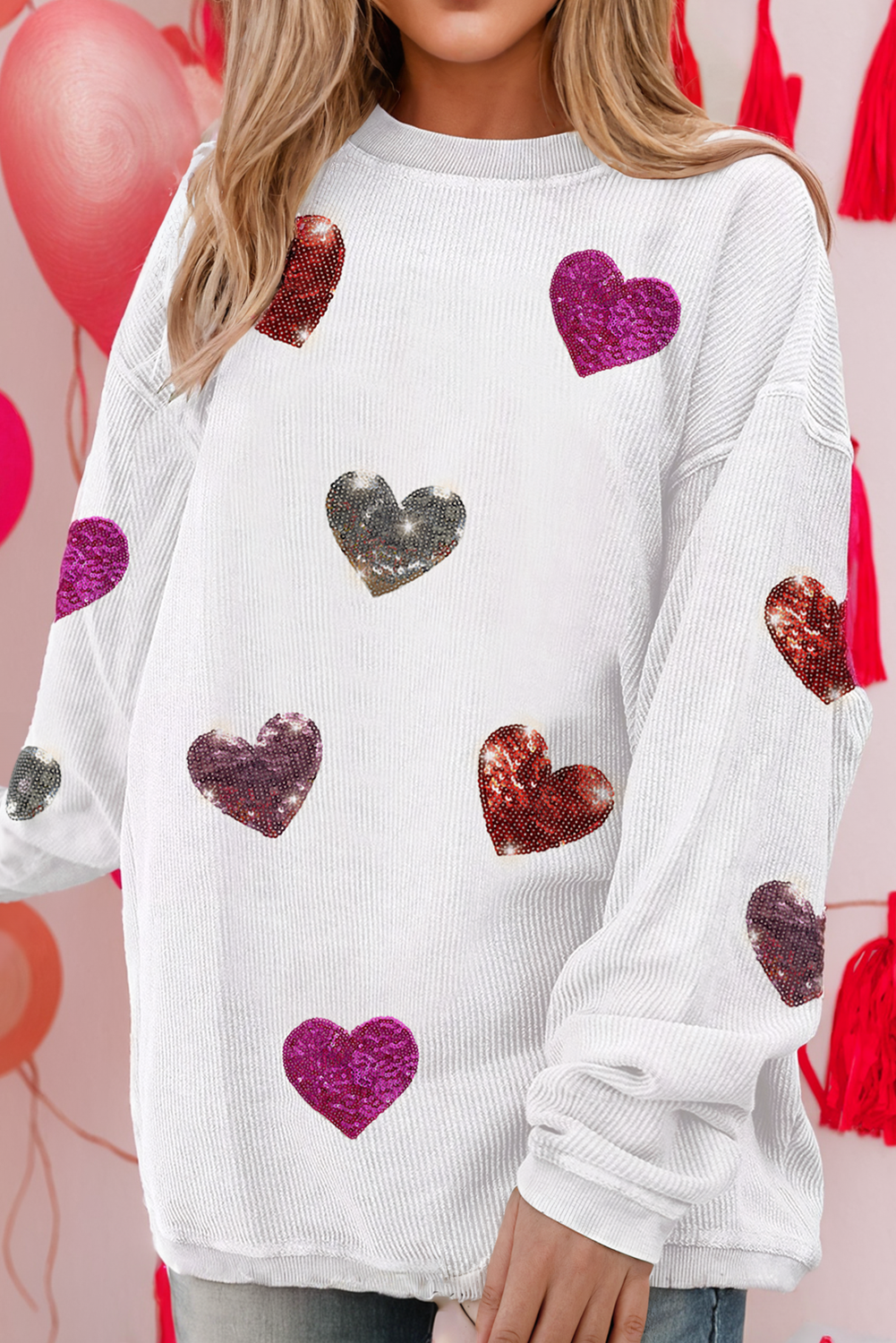 Valentines Heart Patched Pattern Pullover Sweatshirt