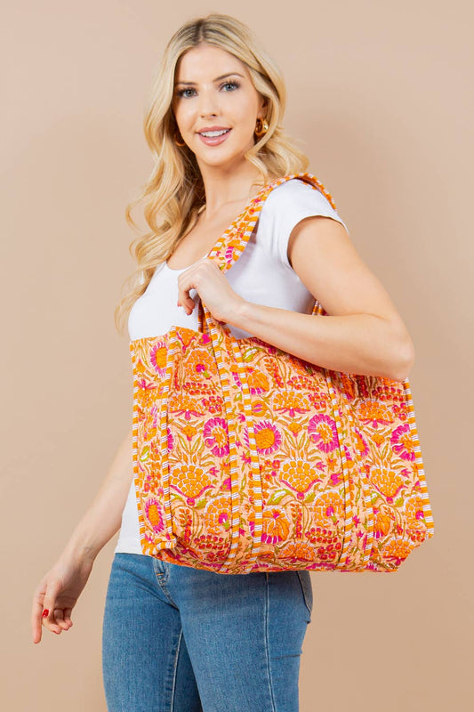 Quilted Tote Bag in Orange/Pink