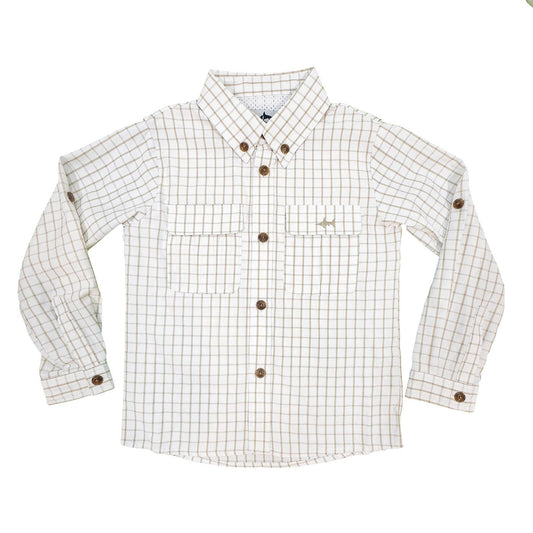 Flagler Boys Fishing Shirt - White/Khaki Plaid