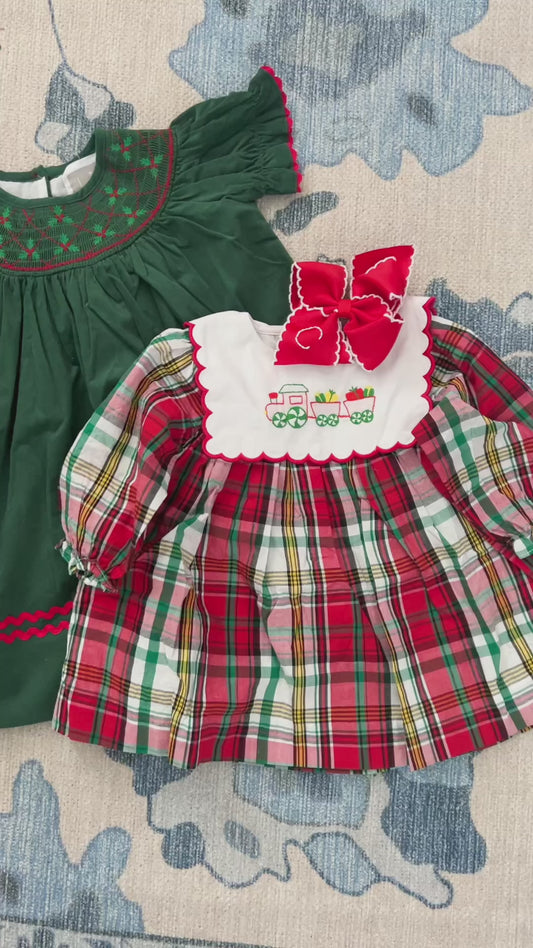 Green Christmas Mistletoe Smocked Bishop Dress